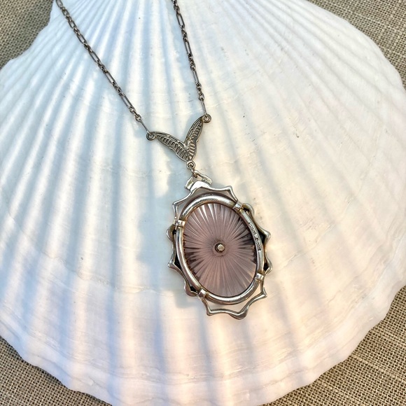 Intricate Sunray Amethyst Camphor Glass Sterling Silver and Diamond Necklace - Picture 3 of 5